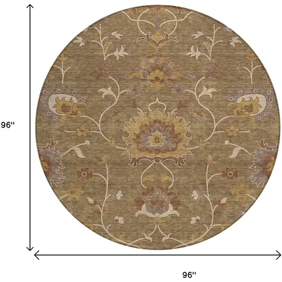 8' Brown And Beige Round Floral Washable Indoor Outdoor Area Rug Photo 3