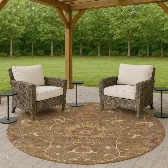8' Brown And Beige Round Floral Washable Indoor Outdoor Area Rug Photo 8
