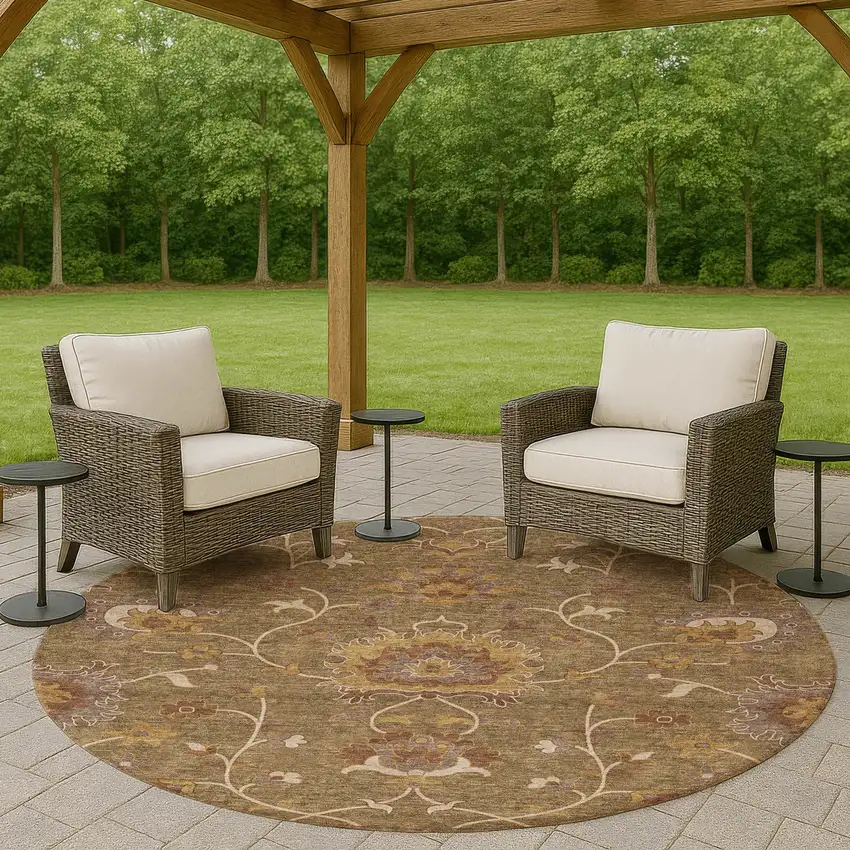 8' Brown And Beige Round Floral Washable Indoor Outdoor Area Rug Photo 8