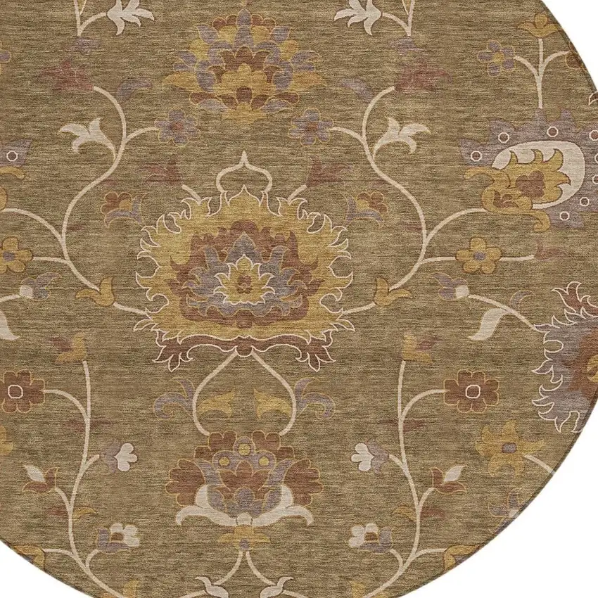 8' Brown And Beige Round Floral Washable Indoor Outdoor Area Rug Photo 7