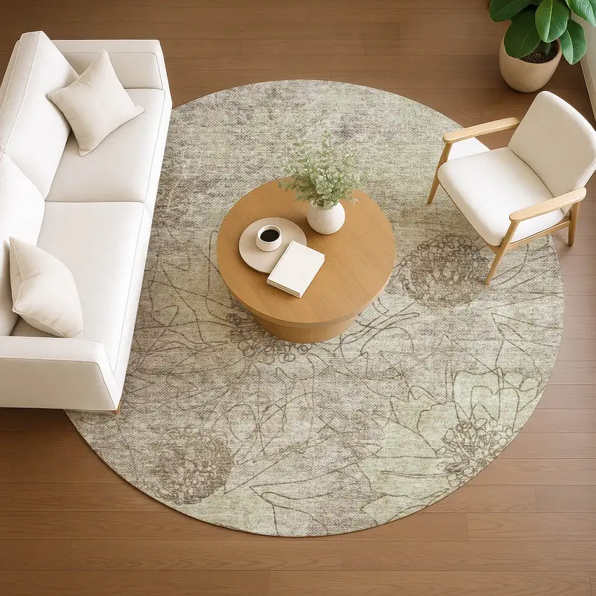 8' Brown And Beige Round Floral Washable Indoor Outdoor Area Rug Photo 8