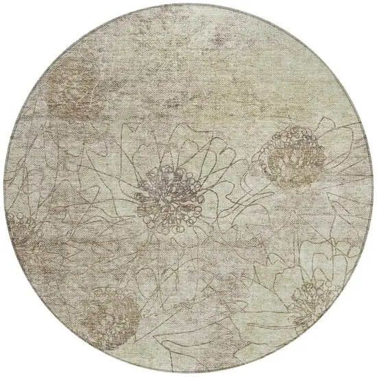 8' Brown And Beige Round Floral Washable Indoor Outdoor Area Rug Photo 4