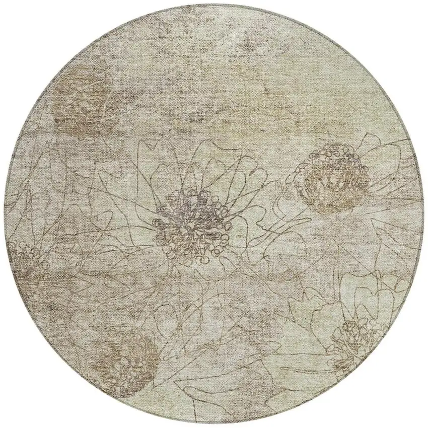8' Brown And Beige Round Floral Washable Indoor Outdoor Area Rug Photo 4