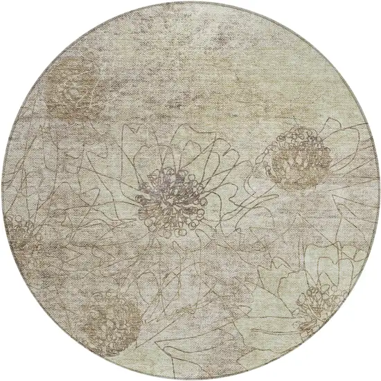 8' Brown And Beige Round Floral Washable Indoor Outdoor Area Rug Photo 2