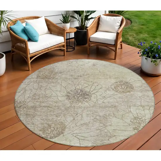 8' Brown And Beige Round Floral Washable Indoor Outdoor Area Rug Photo 1