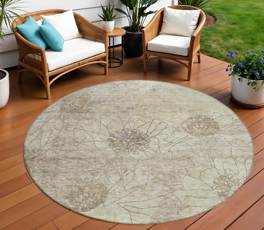 8' Brown And Beige Round Floral Washable Indoor Outdoor Area Rug Photo 1