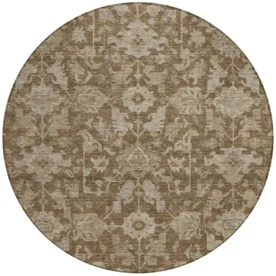 8' Brown And Beige Round Floral Washable Indoor Outdoor Area Rug Photo 2