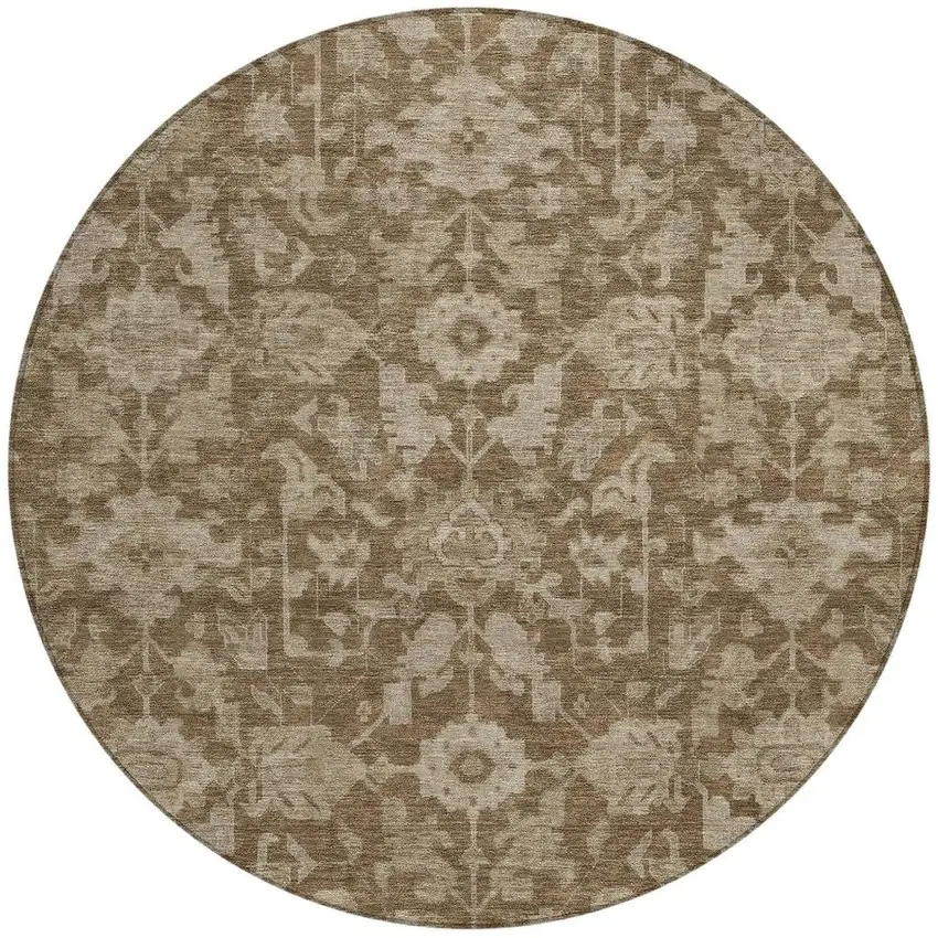 8' Brown And Beige Round Floral Washable Indoor Outdoor Area Rug Photo 2