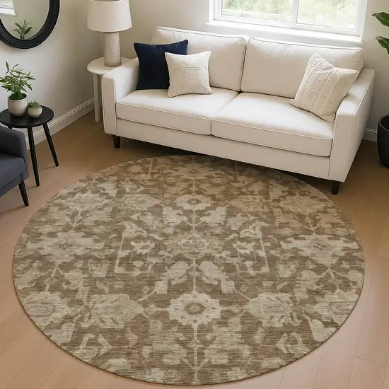 8' Brown And Beige Round Floral Washable Indoor Outdoor Area Rug Photo 5