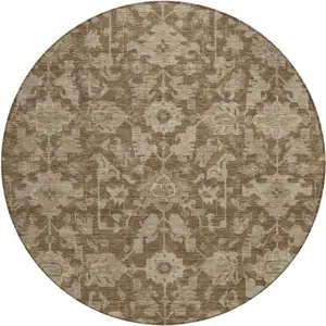 Photo of 8' Brown And Beige Round Floral Washable Indoor Outdoor Area Rug