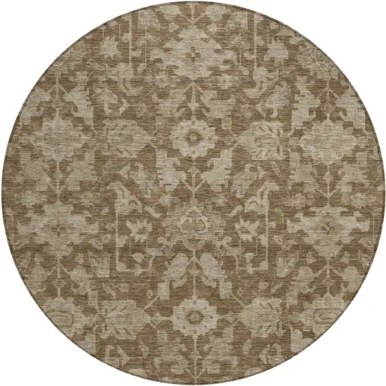 8' Brown And Beige Round Floral Washable Indoor Outdoor Area Rug Photo 1