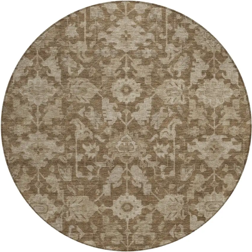 8' Brown And Beige Round Floral Washable Indoor Outdoor Area Rug Photo 1
