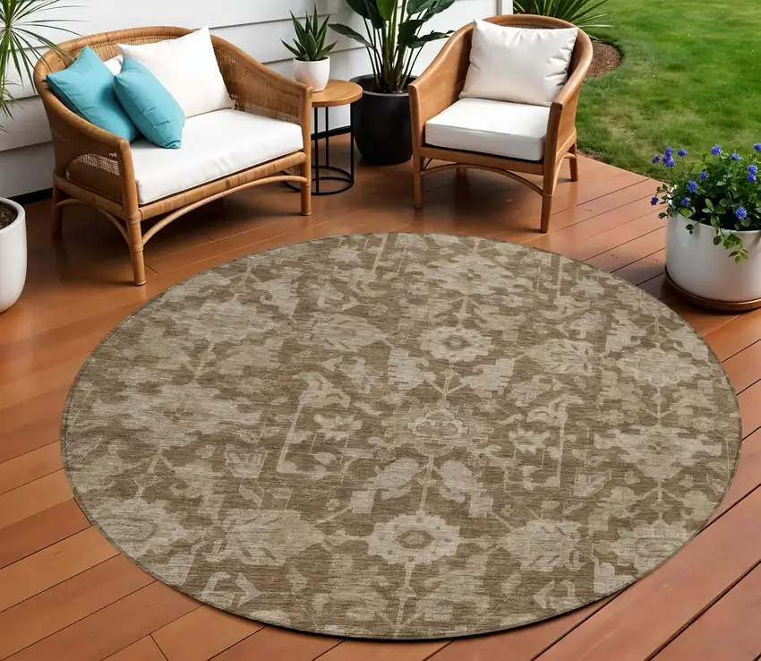 8' Brown And Beige Round Floral Washable Indoor Outdoor Area Rug Photo 1