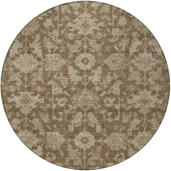 8' Brown And Beige Round Floral Washable Indoor Outdoor Area Rug Photo 3