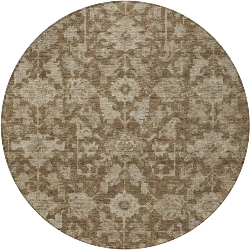 8' Brown And Beige Round Floral Washable Indoor Outdoor Area Rug Photo 3
