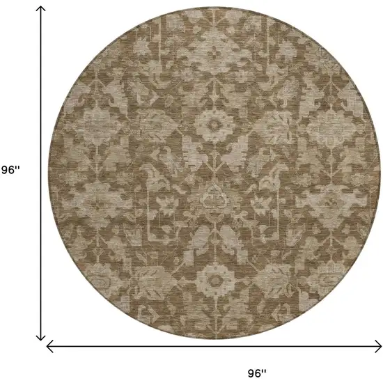 8' Brown And Beige Round Floral Washable Indoor Outdoor Area Rug Photo 3
