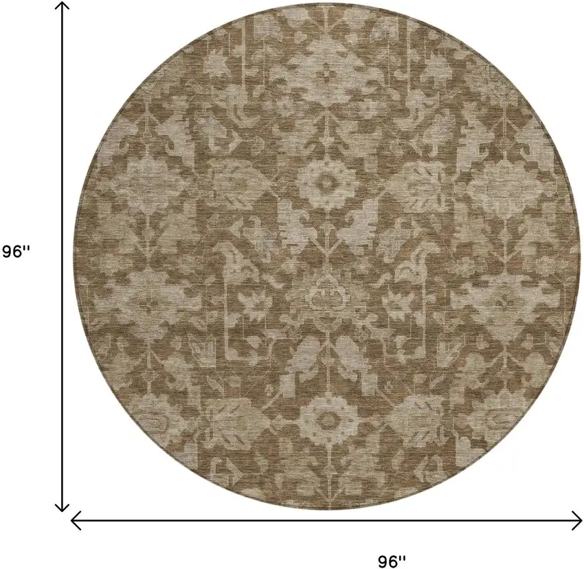 8' Brown And Beige Round Floral Washable Indoor Outdoor Area Rug Photo 3
