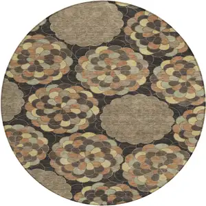 Photo of 8' Brown And Beige Round Floral Washable Indoor Outdoor Area Rug