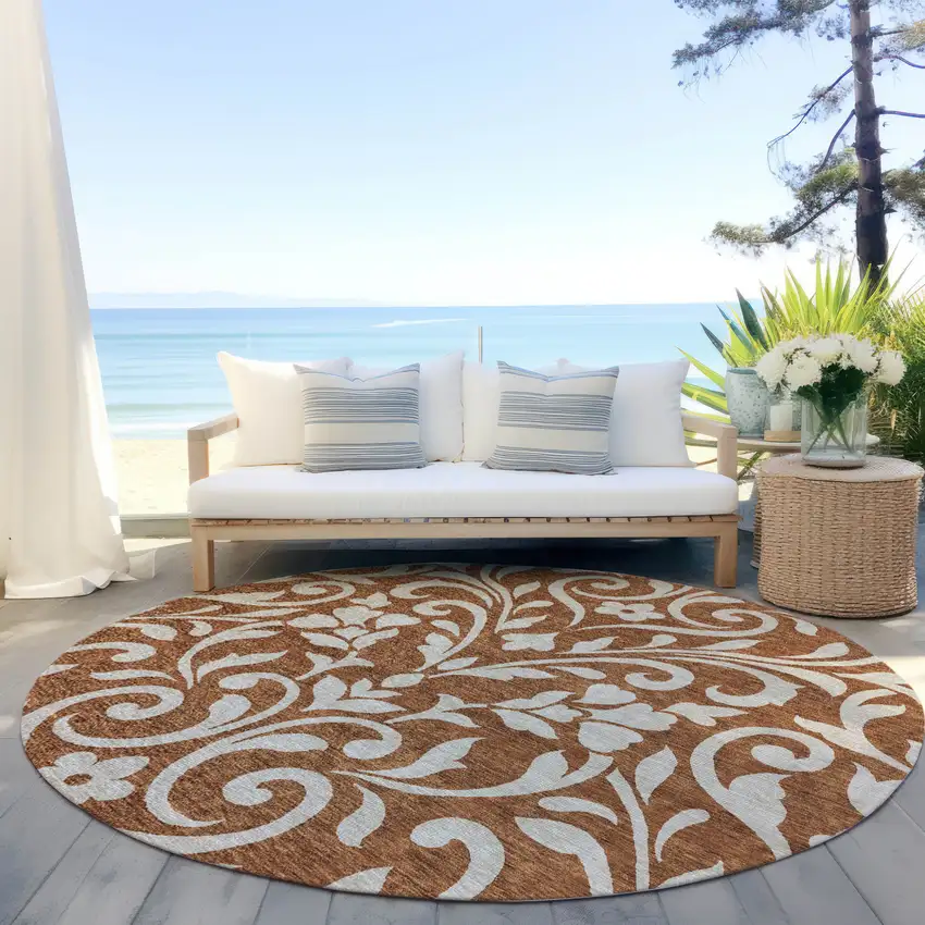 8' Brown And Beige Round Floral Washable Indoor Outdoor Area Rug Photo 6