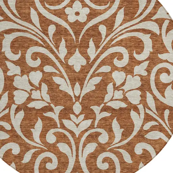 8' Brown And Beige Round Floral Washable Indoor Outdoor Area Rug Photo 4