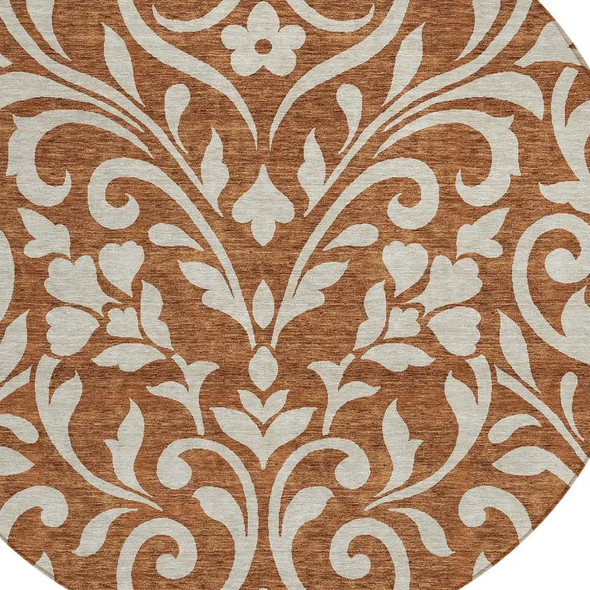 8' Brown And Beige Round Floral Washable Indoor Outdoor Area Rug Photo 4