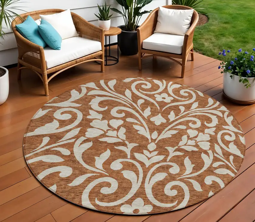 8' Brown And Beige Round Floral Washable Indoor Outdoor Area Rug Photo 1