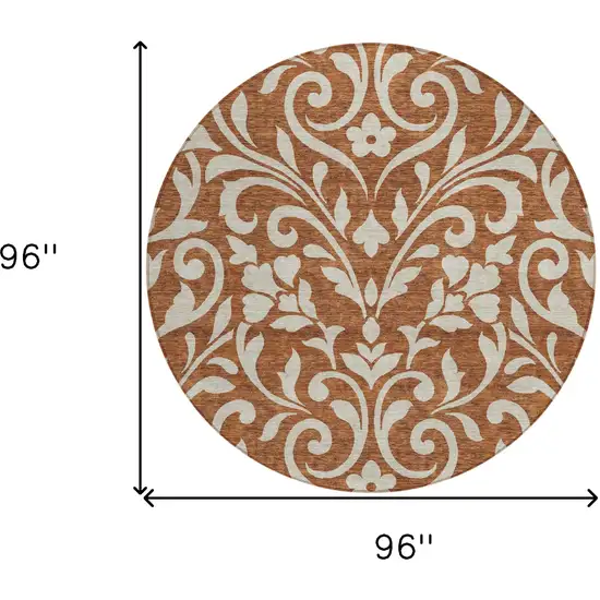 8' Brown And Beige Round Floral Washable Indoor Outdoor Area Rug Photo 3