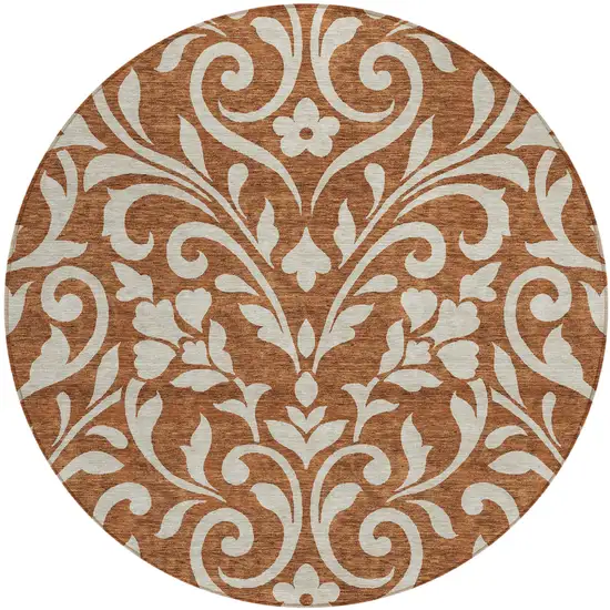8' Brown And Beige Round Floral Washable Indoor Outdoor Area Rug Photo 2