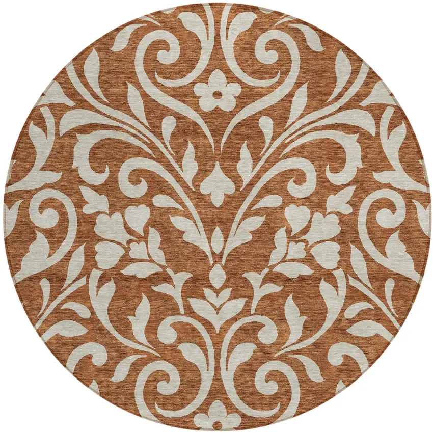 8' Brown And Beige Round Floral Washable Indoor Outdoor Area Rug Photo 2
