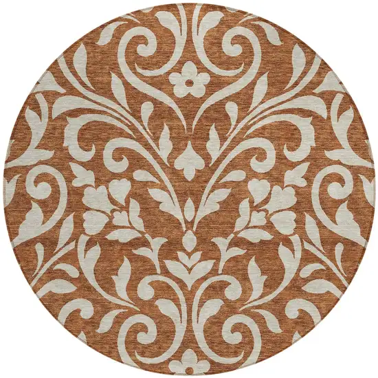 8' Brown And Beige Round Floral Washable Indoor Outdoor Area Rug Photo 5