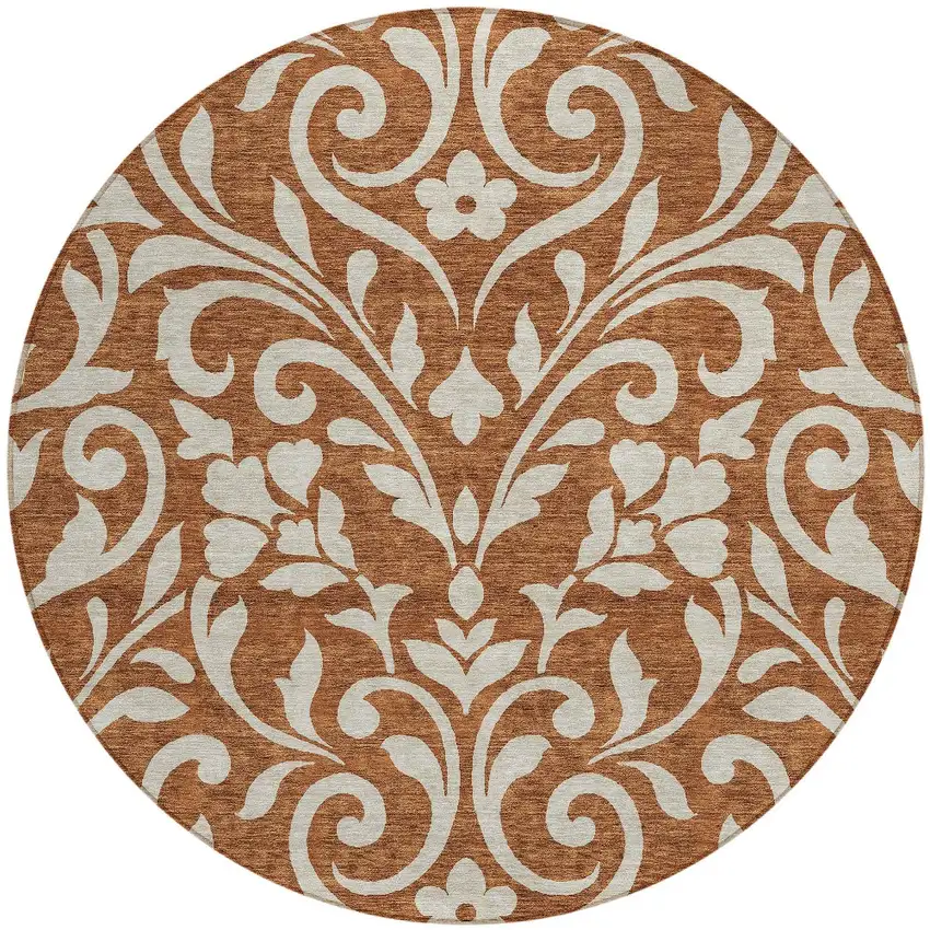 8' Brown And Beige Round Floral Washable Indoor Outdoor Area Rug Photo 5