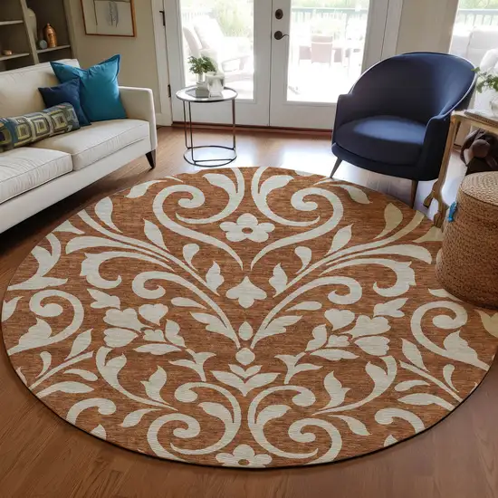 8' Brown And Beige Round Floral Washable Indoor Outdoor Area Rug Photo 7
