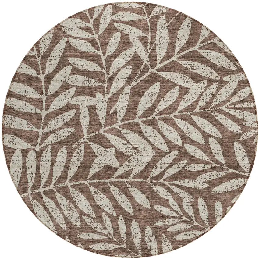 8' Brown And Beige Round Floral Washable Indoor Outdoor Area Rug Photo 2