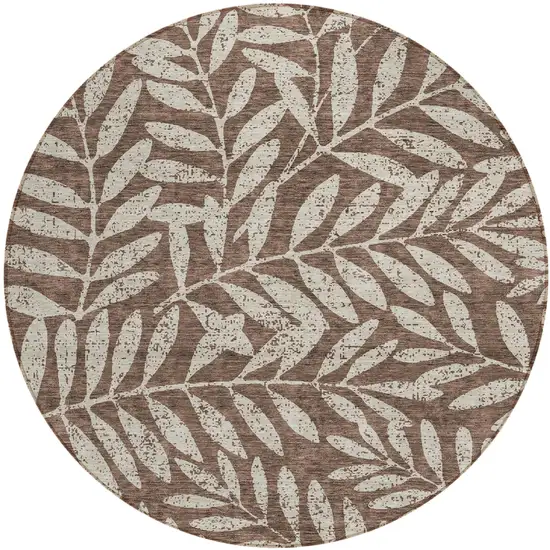 8' Brown And Beige Round Floral Washable Indoor Outdoor Area Rug Photo 2