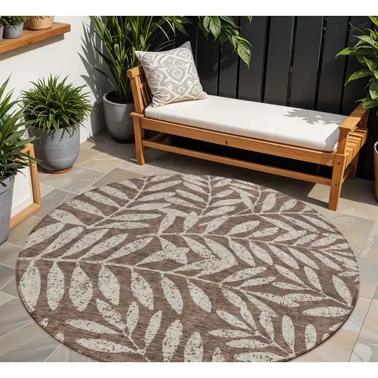 8' Brown And Beige Round Floral Washable Indoor Outdoor Area Rug Photo 1
