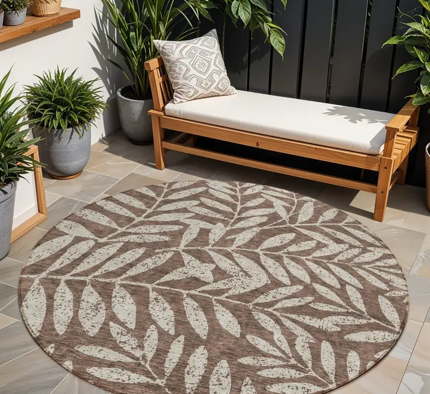 8' Brown And Beige Round Floral Washable Indoor Outdoor Area Rug Photo 1