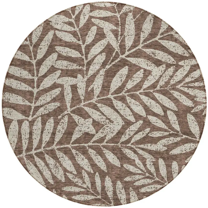8' Brown And Beige Round Floral Washable Indoor Outdoor Area Rug Photo 4