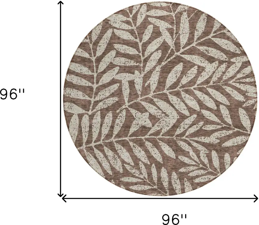 8' Brown And Beige Round Floral Washable Indoor Outdoor Area Rug Photo 3