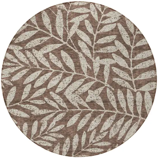 8' Brown And Beige Round Floral Washable Indoor Outdoor Area Rug Photo 5