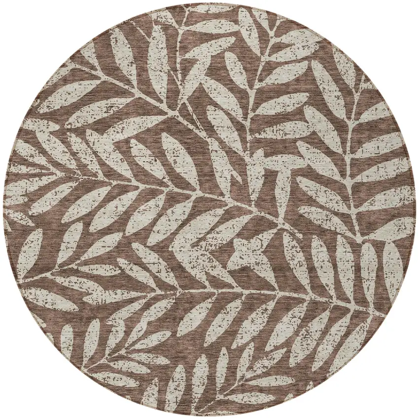 8' Brown And Beige Round Floral Washable Indoor Outdoor Area Rug Photo 5
