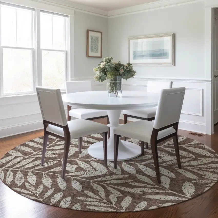 8' Brown And Beige Round Floral Washable Indoor Outdoor Area Rug Photo 7