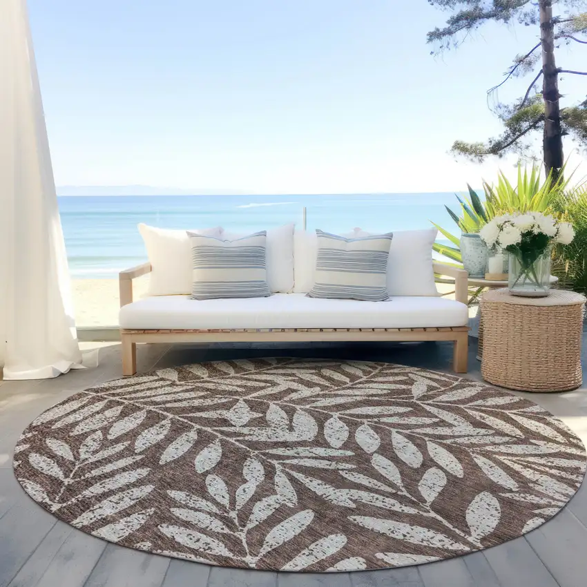 8' Brown And Beige Round Floral Washable Indoor Outdoor Area Rug Photo 6