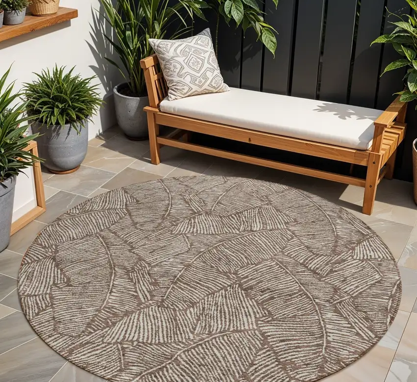 8' Brown And Beige Round Floral Washable Indoor Outdoor Area Rug Photo 1