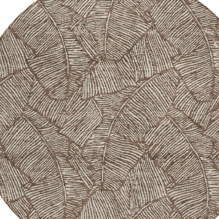 8' Brown And Beige Round Floral Washable Indoor Outdoor Area Rug Photo 5