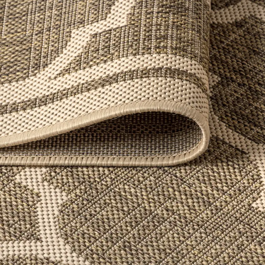 9' Brown And Beige Round Geometric Indoor Outdoor Area Rug Photo 6