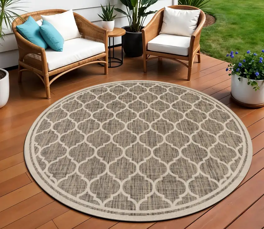9' Brown And Beige Round Geometric Indoor Outdoor Area Rug Photo 1