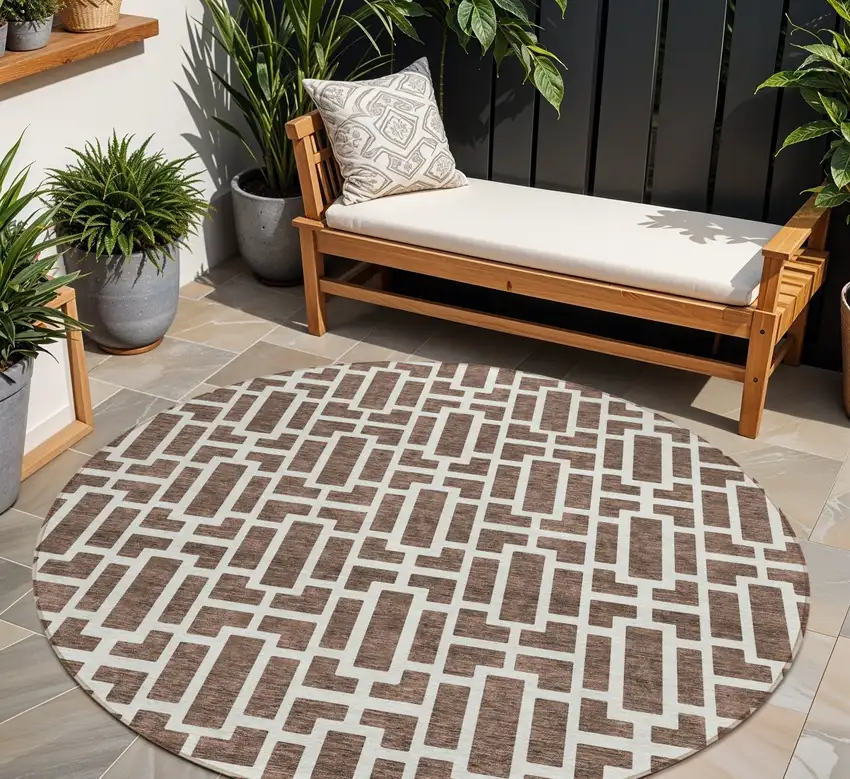 8' Brown And Beige Round Geometric Washable Indoor Outdoor Area Rug Photo 1