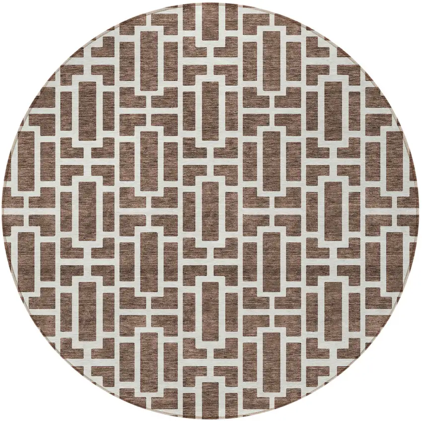 8' Brown And Beige Round Geometric Washable Indoor Outdoor Area Rug Photo 6