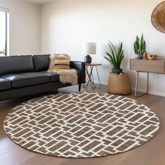 8' Brown And Beige Round Geometric Washable Indoor Outdoor Area Rug Photo 8