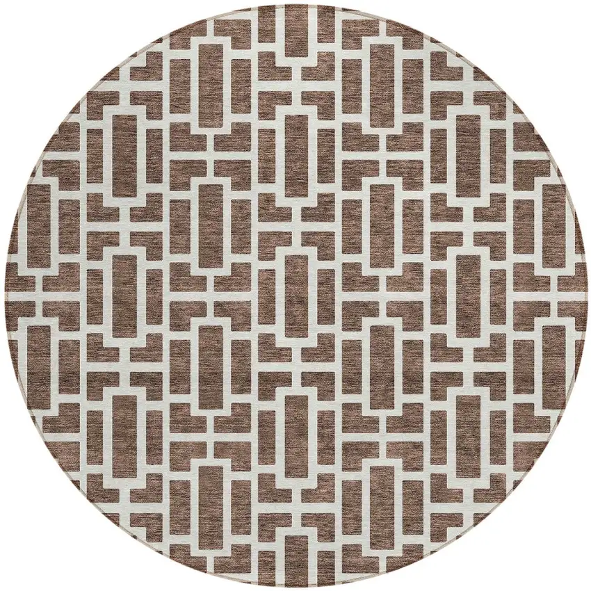8' Brown And Beige Round Geometric Washable Indoor Outdoor Area Rug Photo 5